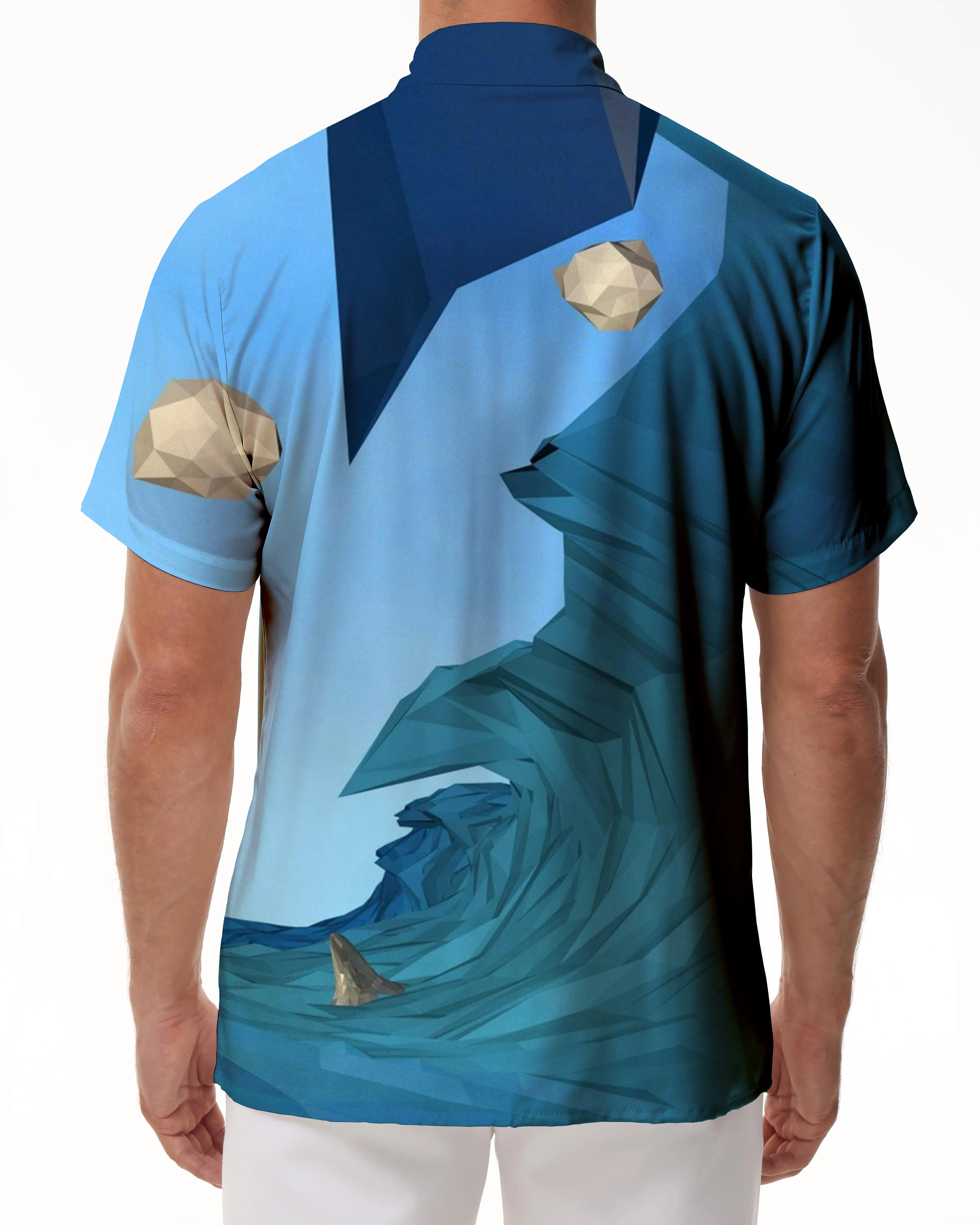 Cartoon 3d printed pattern men's casual lapel short sleeve ocean tropical Hawaiian shirt blue