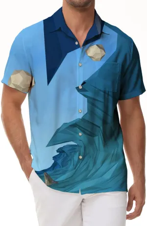 Cartoon 3d printed pattern men's casual lapel short sleeve ocean tropical Hawaiian shirt blue