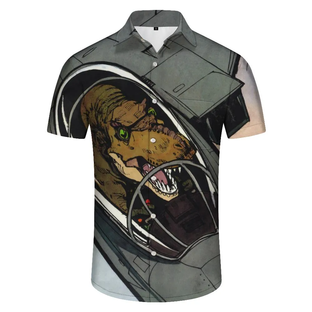 Cartoon dinosaur Hawaiian short-sleeved shirt button lapel pocket short-sleeved shirt men's casual daily travel vacation ocean beach clothes