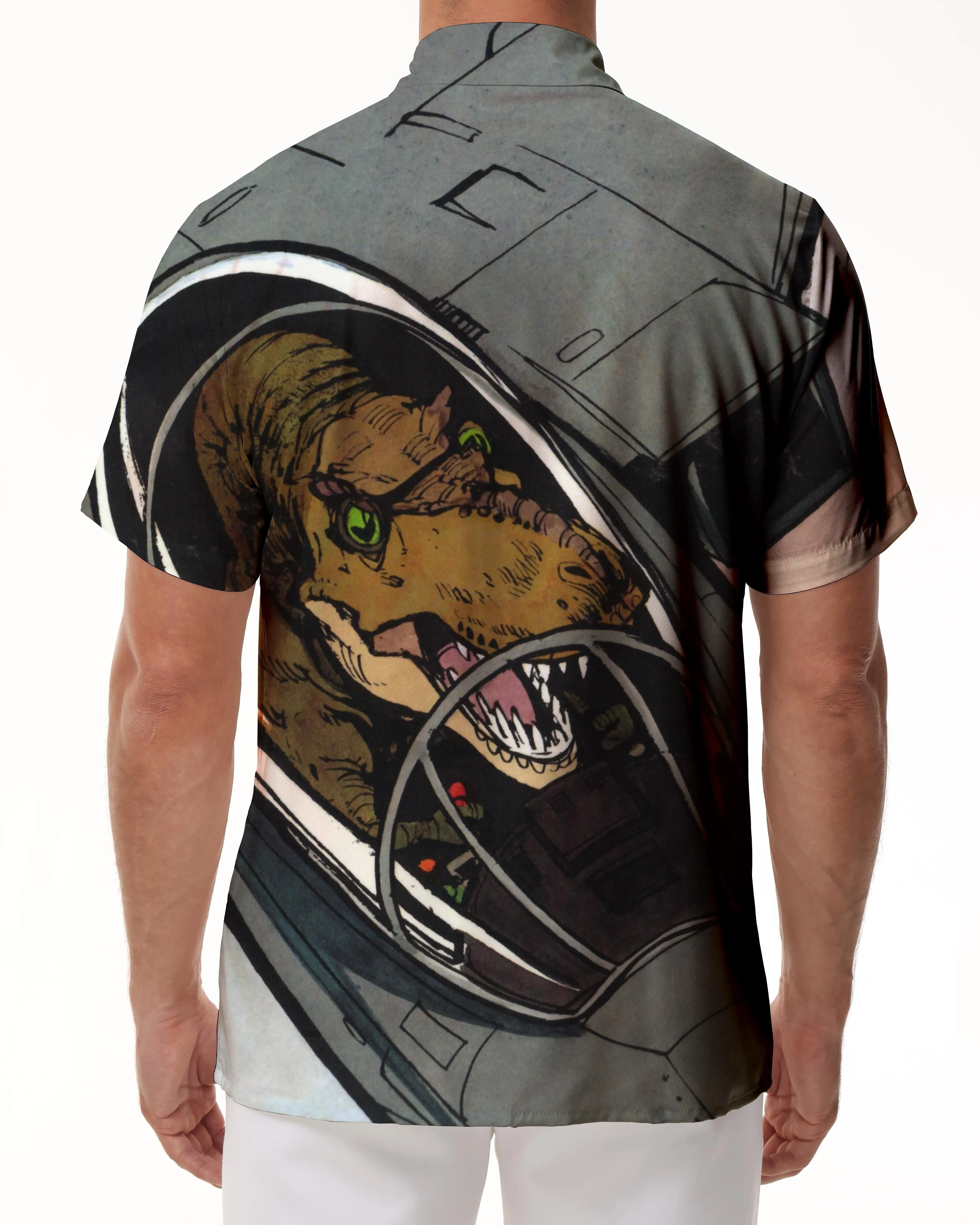 Cartoon dinosaur Hawaiian short-sleeved shirt button lapel pocket short-sleeved shirt men's casual daily travel vacation ocean beach clothes