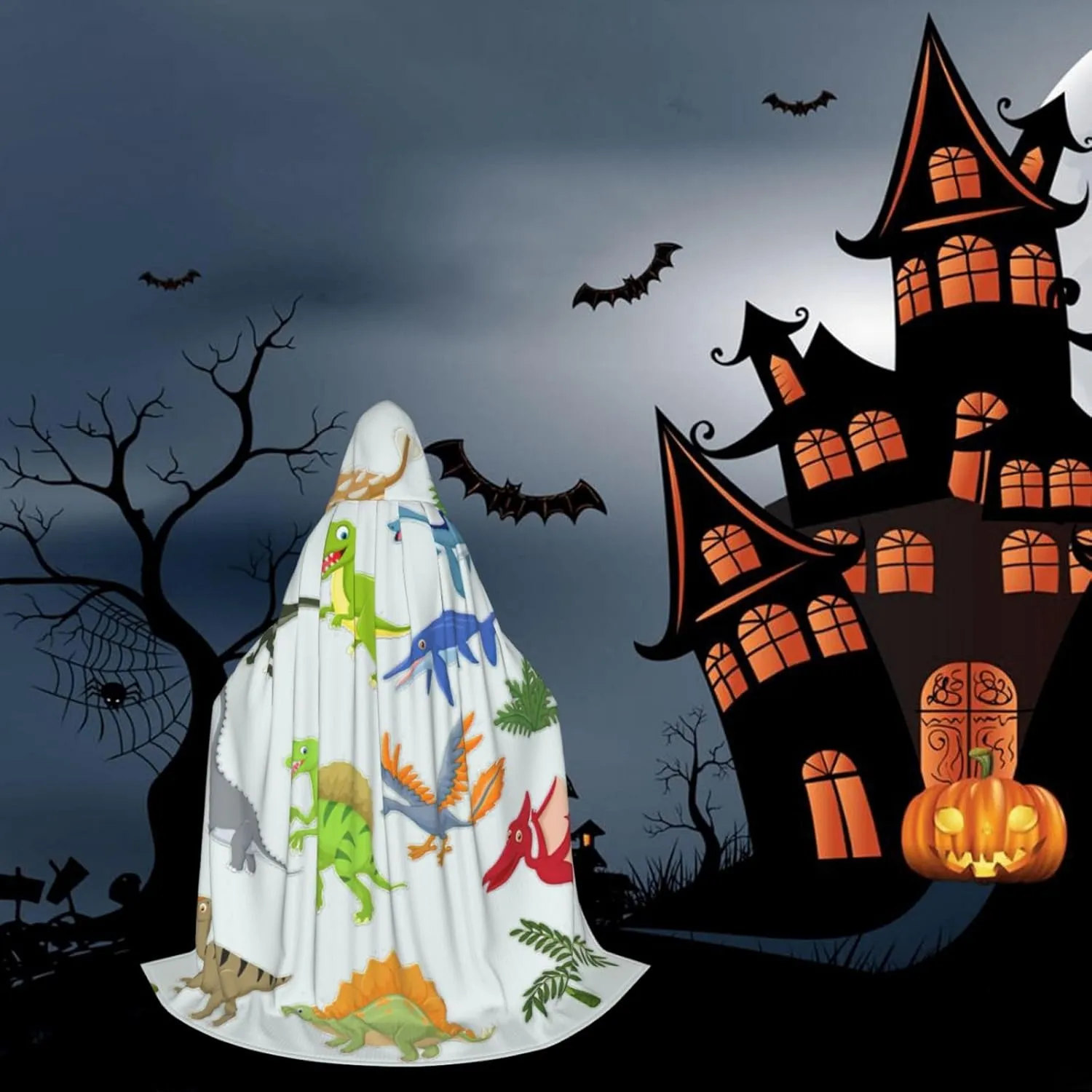 Cartoon Dinosaur Images Print Halloween Hooded Cape Cosplay Cape & Witch Cloak - Unisex Halloween Hooded Cloak