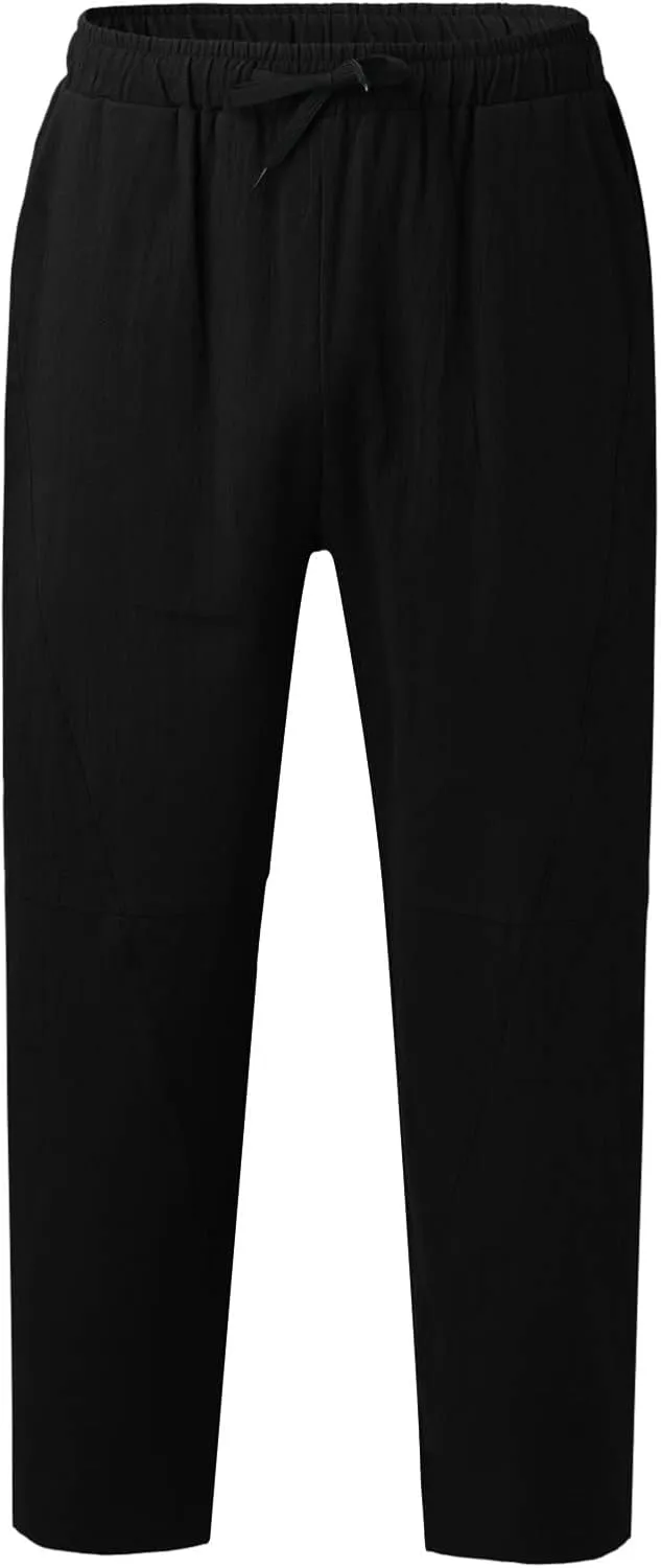 Casual Summer Pants for Men Linen Solid Color Pant Drawstring Joggers Loose Fit Pants Long Trousers with Pockets