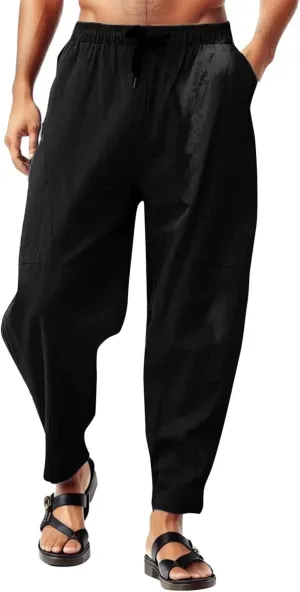 Casual Summer Pants for Men Linen Solid Color Pant Drawstring Joggers Loose Fit Pants Long Trousers with Pockets