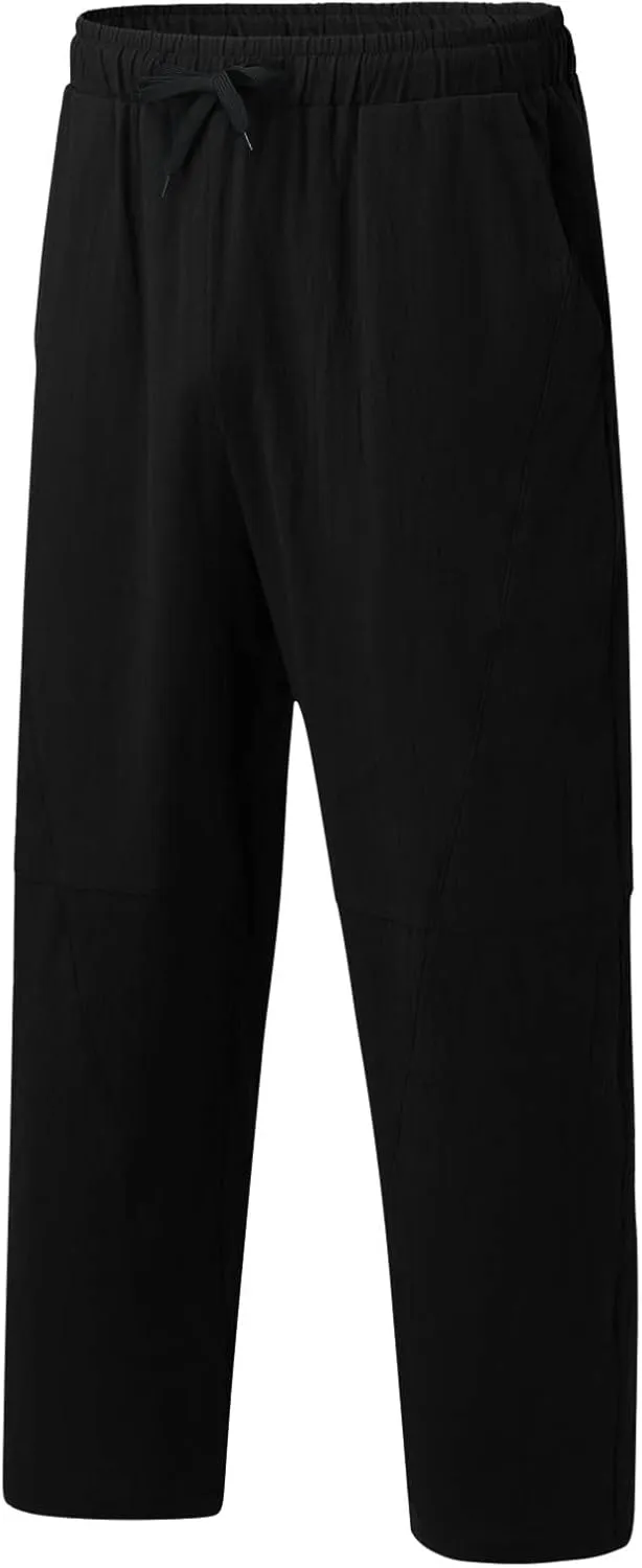 Casual Summer Pants for Men Linen Solid Color Pant Drawstring Joggers Loose Fit Pants Long Trousers with Pockets