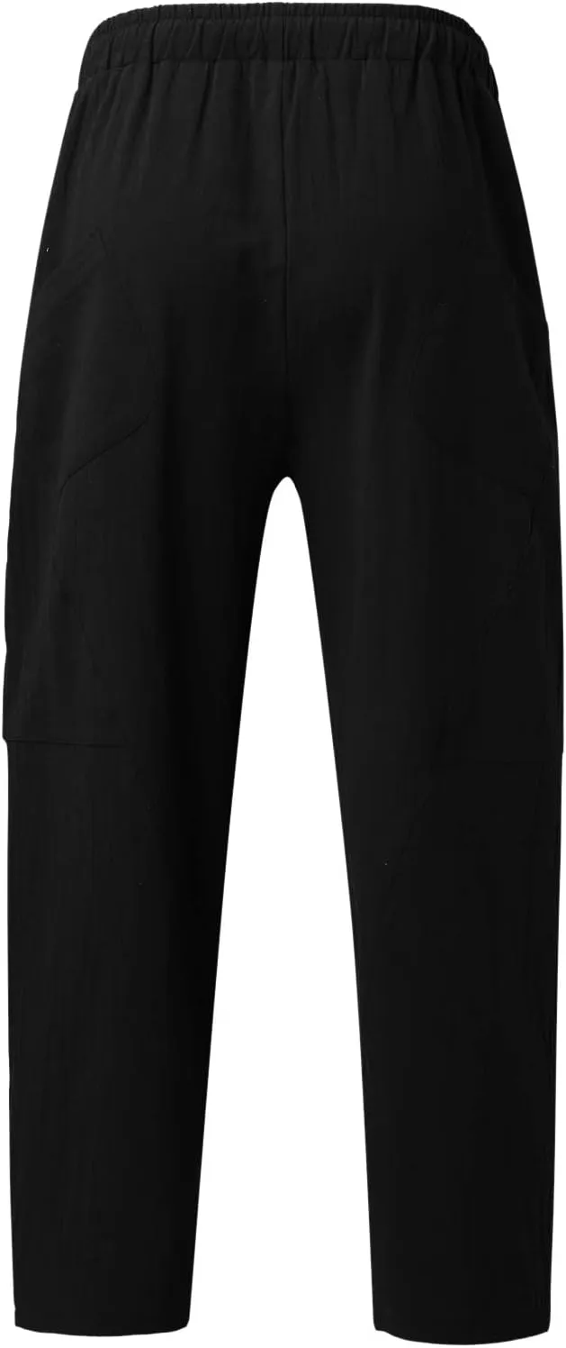 Casual Summer Pants for Men Linen Solid Color Pant Drawstring Joggers Loose Fit Pants Long Trousers with Pockets