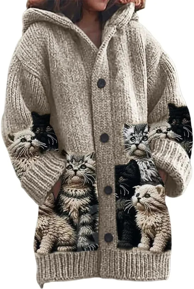 Cat Sweaters for Women Oversized Cardigan Sweater Cute Cartoon Cat Jacket Cat Y2K Button Knit Cardigan Sweater