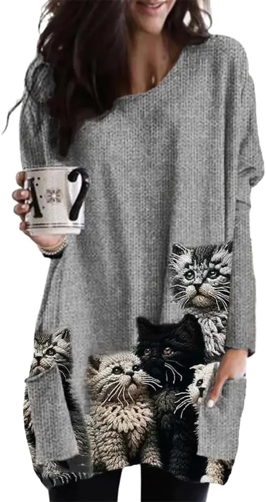 Cat Sweaters for Women Oversized Cardigan Sweater Cute Cartoon Cat Jacket Cat Y2K Button Knit Cardigan Sweater