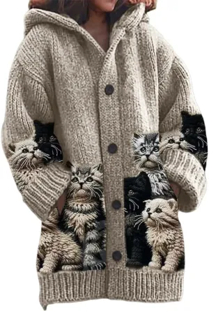 Cat Sweaters for Women Oversized Cardigan Sweater Cute Cartoon Cat Jacket Cat Y2K Button Knit Cardigan Sweater
