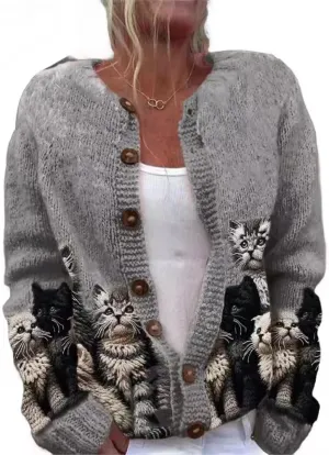 Cat Sweaters for Women Oversized Cardigan Sweater Cute Cartoon Cat Jacket Cat Y2K Button Knit Cardigan Sweater