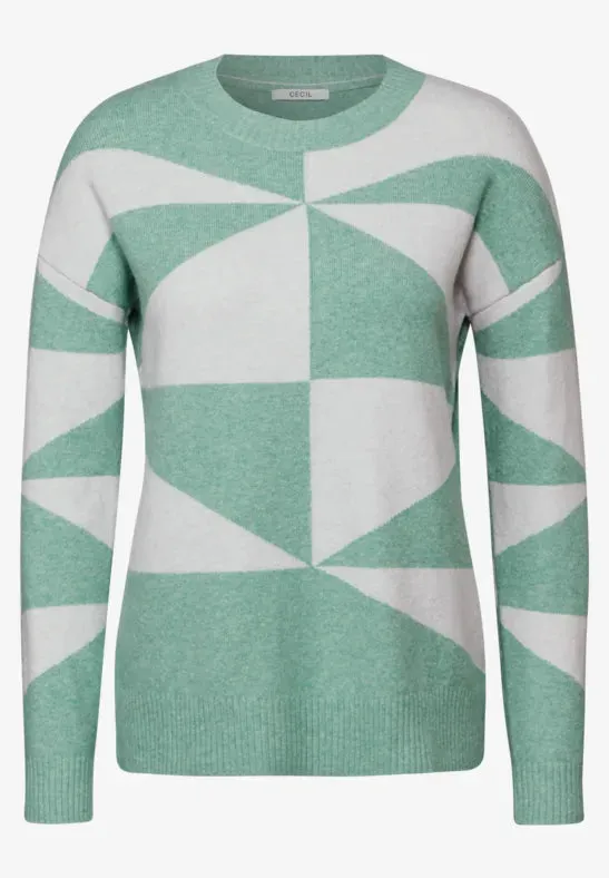 Cecil Cotton Blend Soft Round Neck Jumper Black or Green Mix 303034