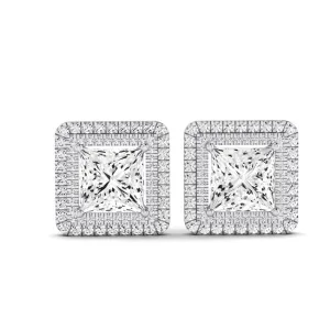 Cerise Princess Cut Diamond Halo Stud Earrings