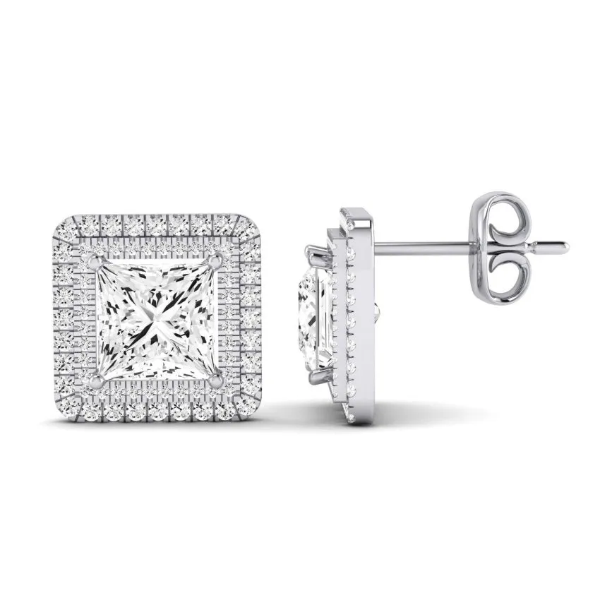 Cerise Princess Cut Diamond Halo Stud Earrings