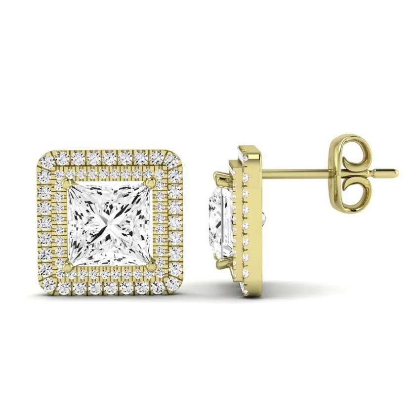 Cerise Princess Cut Diamond Halo Stud Earrings