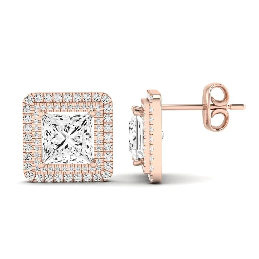 Cerise Princess Cut Diamond Halo Stud Earrings