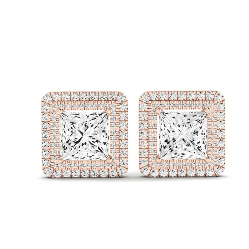 Cerise Princess Cut Diamond Halo Stud Earrings
