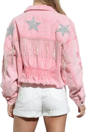 CHARTOU Women Distressed Tassel Fringe Denim Jacket Cropped Jean Jacket Star Frayed Cowgirl Tinsel Jacket