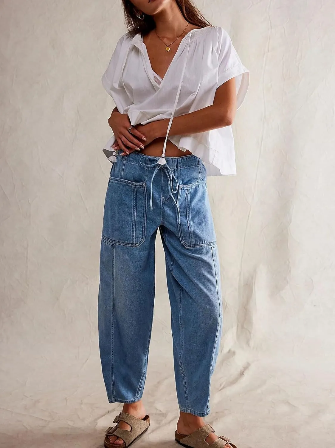 CHARTOU Women's Trendy Mid Rise Barrel Jeans Drawstring Boyfriend Denim Pants Harem Y2K Jeans with Pockets