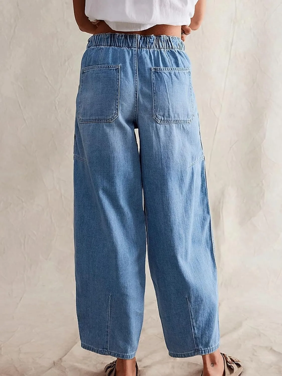 CHARTOU Women's Trendy Mid Rise Barrel Jeans Drawstring Boyfriend Denim Pants Harem Y2K Jeans with Pockets