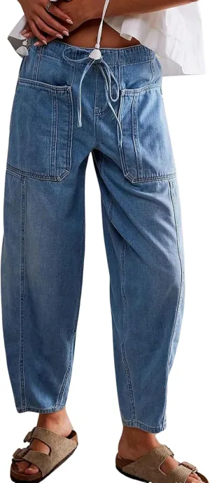 CHARTOU Women's Trendy Mid Rise Barrel Jeans Drawstring Boyfriend Denim Pants Harem Y2K Jeans with Pockets