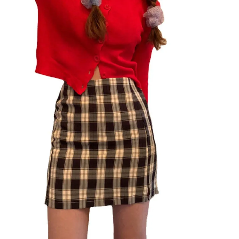 Chequered Skirt Women Korean High Waist Slim Look Hip Flattering A-Line Japanese Student Petite Skirt