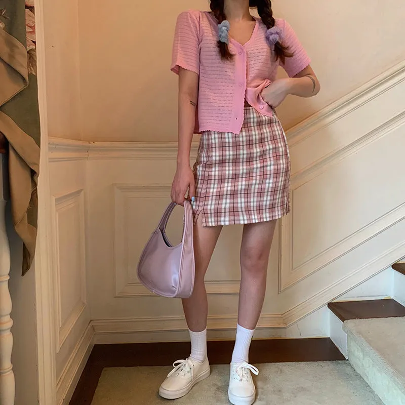 Chequered Skirt Women Korean High Waist Slim Look Hip Flattering A-Line Japanese Student Petite Skirt