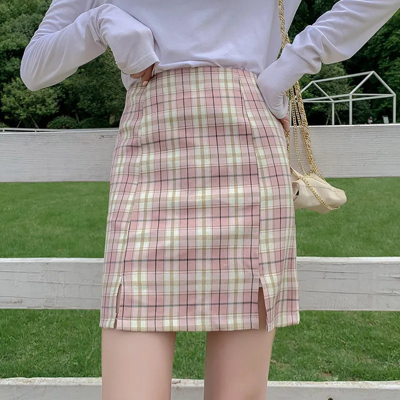 Chequered Skirt Women Korean Student High Waist Splitted A-Line Hip Flattering Skirt