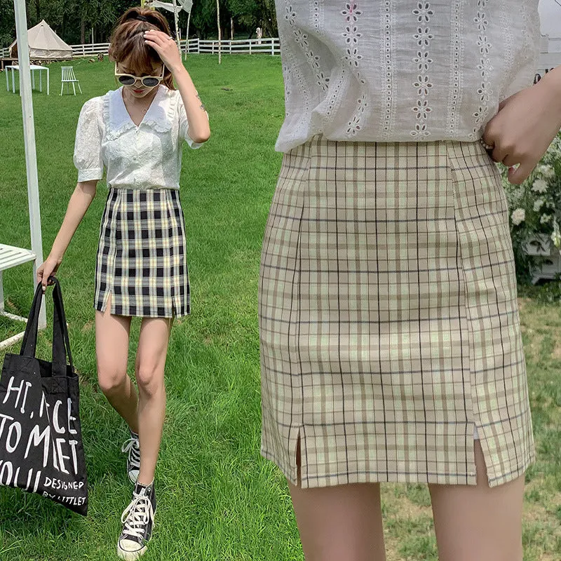 Chequered Skirt Women Korean Student High Waist Splitted A-Line Hip Flattering Skirt