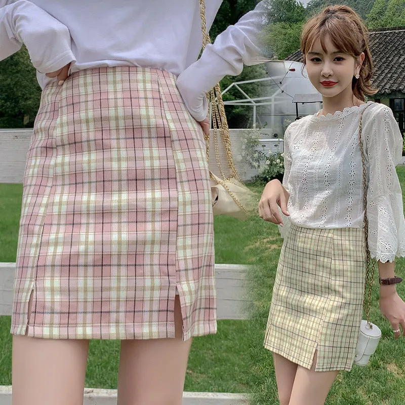 Chequered Skirt Women Korean Student High Waist Splitted A-Line Hip Flattering Skirt