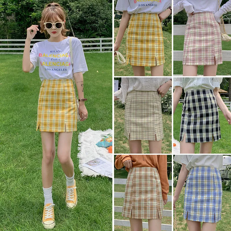 Chequered Skirt Women Korean Student High Waist Splitted A-Line Hip Flattering Skirt