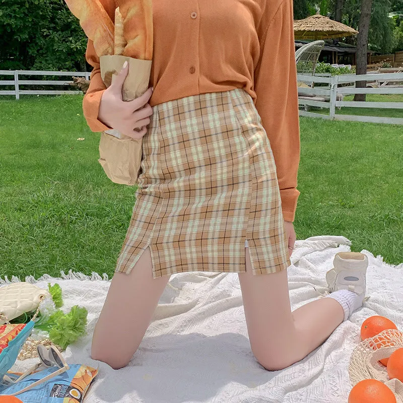 Chequered Skirt Women Korean Student High Waist Splitted A-Line Hip Flattering Skirt