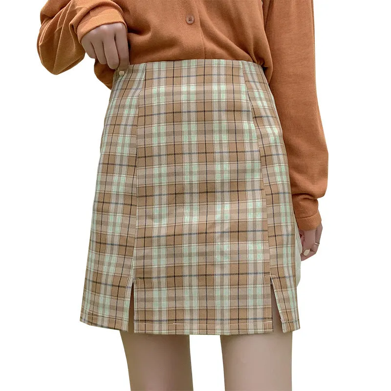 Chequered Skirt Women Korean Student High Waist Splitted A-Line Hip Flattering Skirt