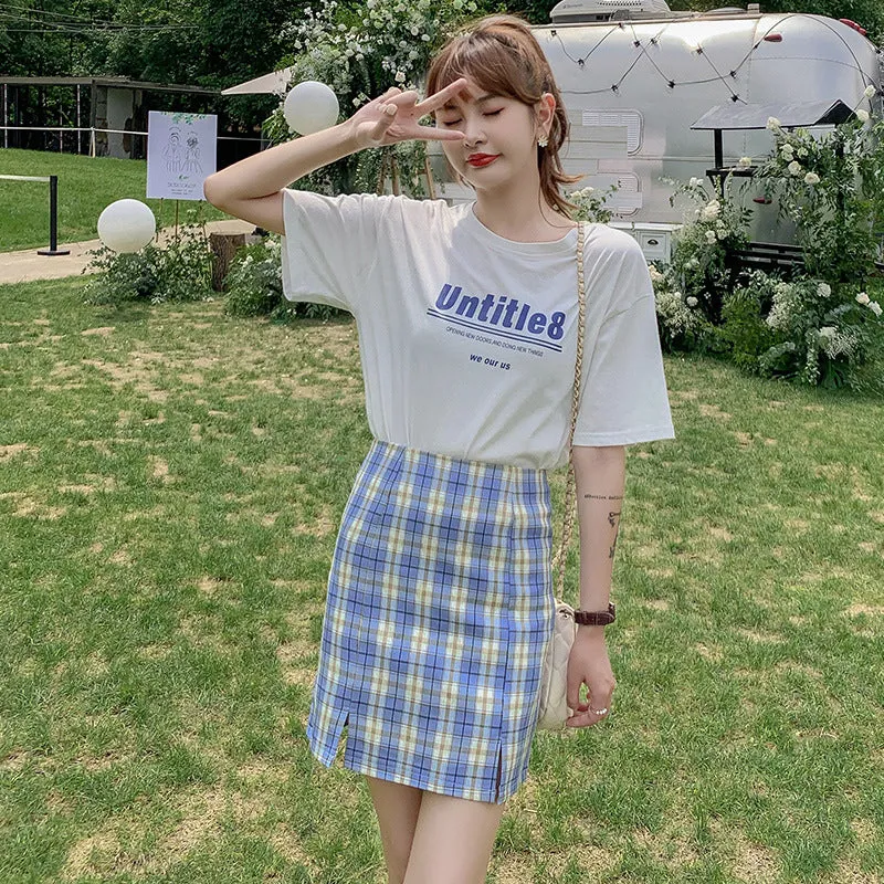 Chequered Skirt Women Korean Student High Waist Splitted A-Line Hip Flattering Skirt