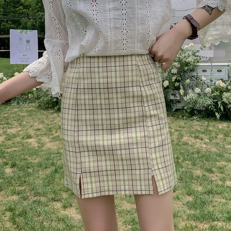 Chequered Skirt Women Korean Student High Waist Splitted A-Line Hip Flattering Skirt