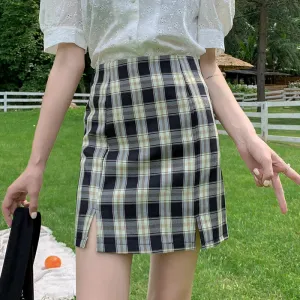 Chequered Skirt Women Korean Student High Waist Splitted A-Line Hip Flattering Skirt
