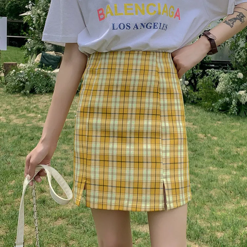 Chequered Skirt Women Korean Student High Waist Splitted A-Line Hip Flattering Skirt