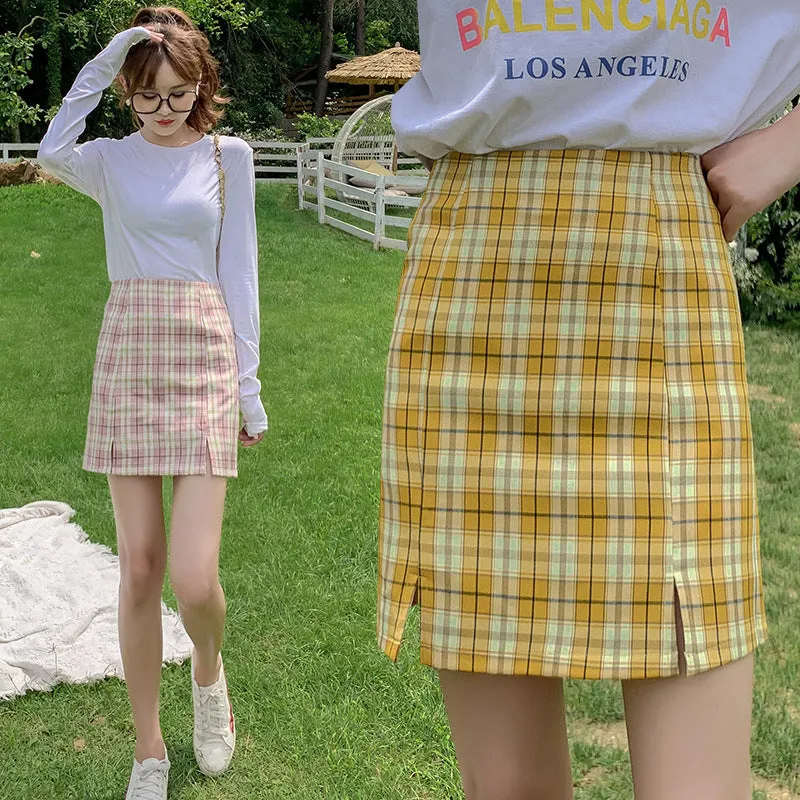Chequered Skirt Women Korean Student High Waist Splitted A-Line Hip Flattering Skirt