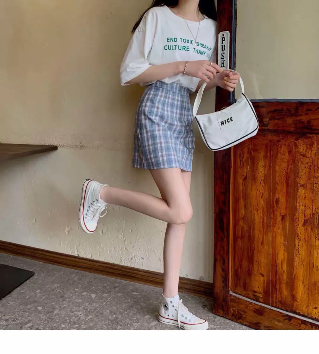 Chequered Skirt Women Summer High Waist Slim Look A-Line Hip Flattering bmPurple Skirt