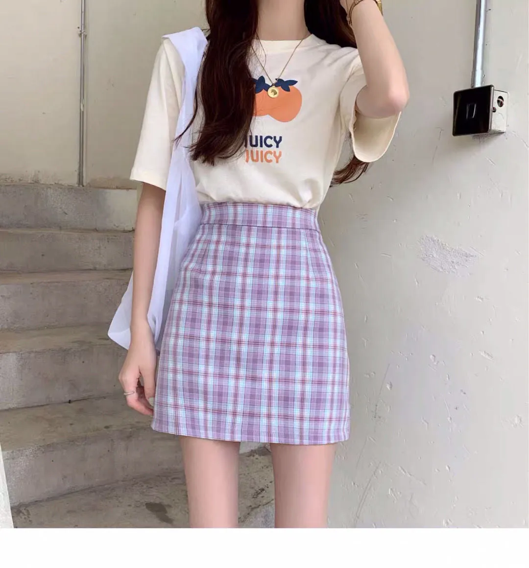 Chequered Skirt Women Summer High Waist Slim Look A-Line Hip Flattering bmPurple Skirt