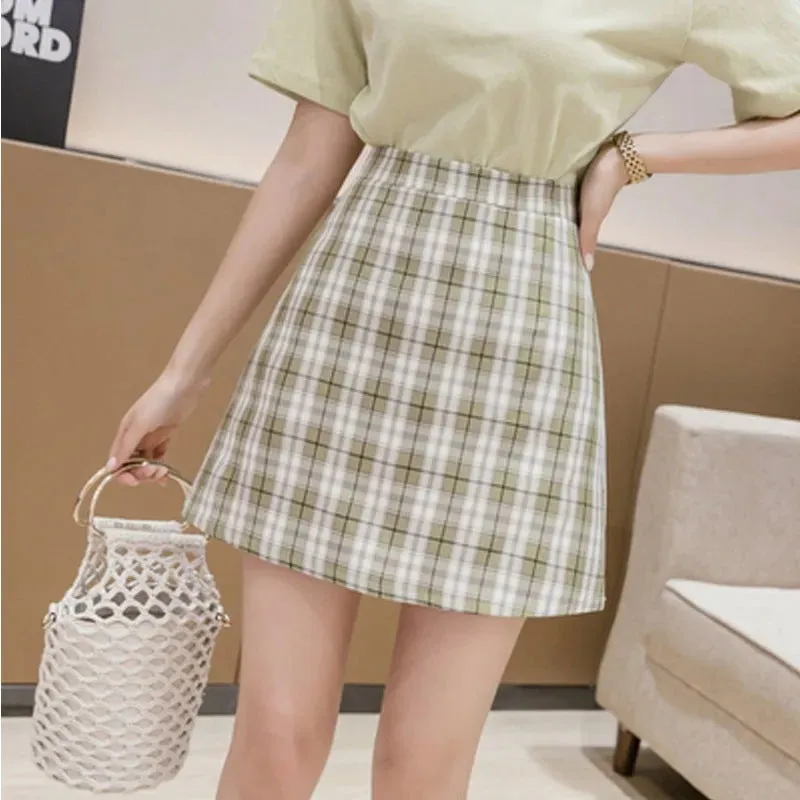 Chequered Skirt Women Summer High Waist Slim Look A-Line Hip Flattering bmPurple Skirt