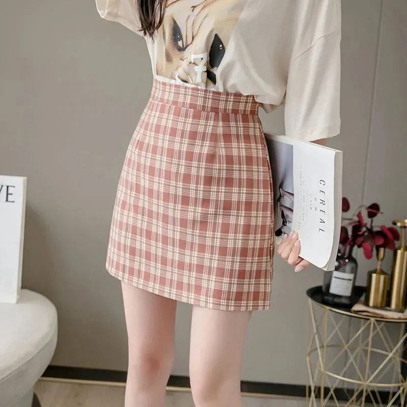 Chequered Skirt Women Summer High Waist Slim Look A-Line Hip Flattering bmPurple Skirt