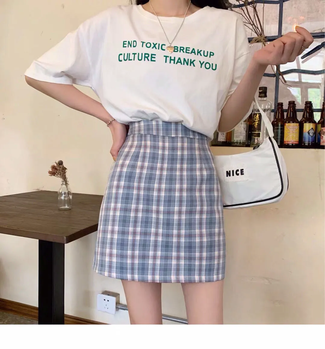 Chequered Skirt Women Summer High Waist Slim Look A-Line Hip Flattering bmPurple Skirt