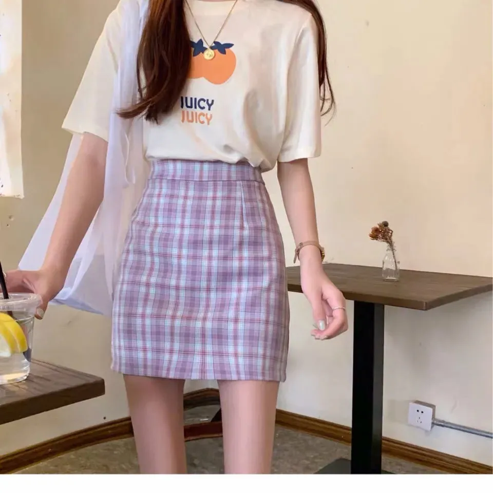 Chequered Skirt Women Summer High Waist Slim Look A-Line Hip Flattering bmPurple Skirt