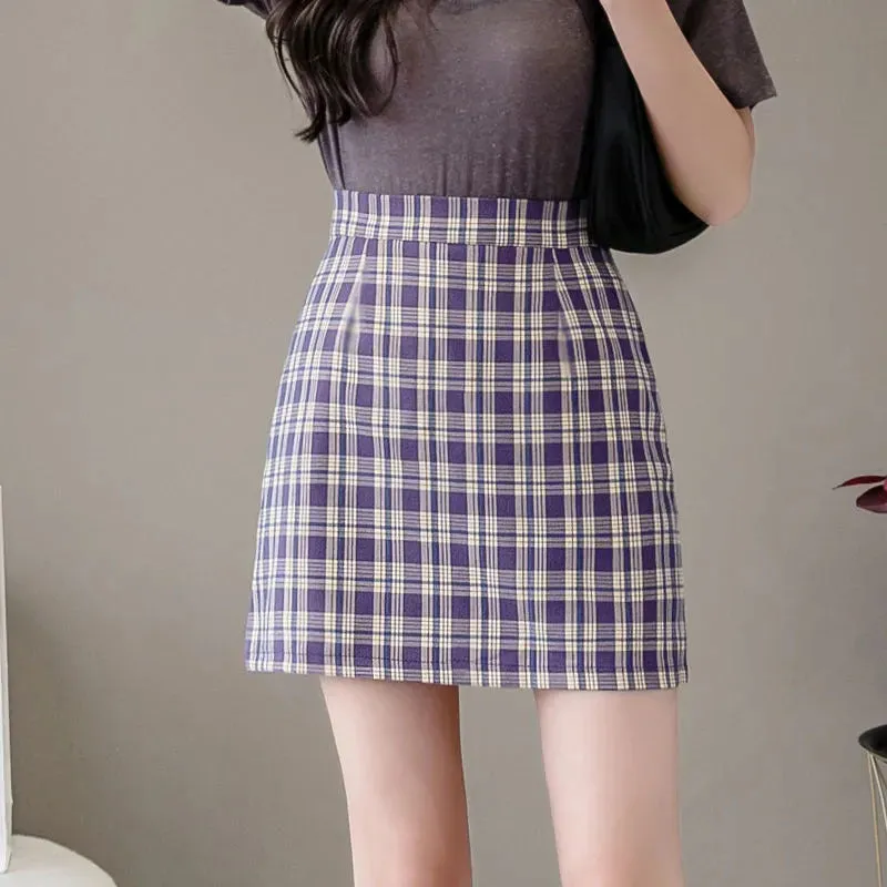 Chequered Skirt Women Summer High Waist Slim Look A-Line Hip Flattering bmPurple Skirt