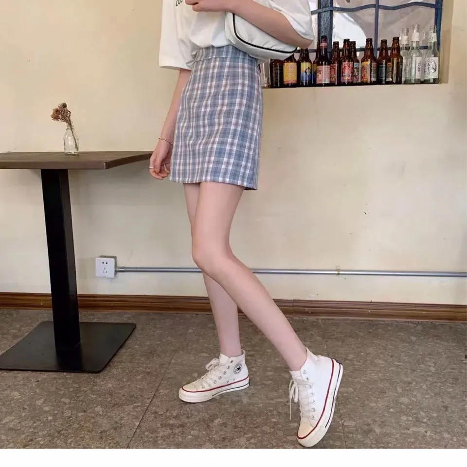 Chequered Skirt Women Summer High Waist Slim Look A-Line Hip Flattering bmPurple Skirt