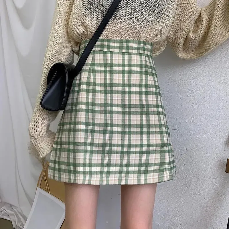 Chequered Skirt Women Summer High Waist Slim Look A-Line Hip Flattering bmPurple Skirt