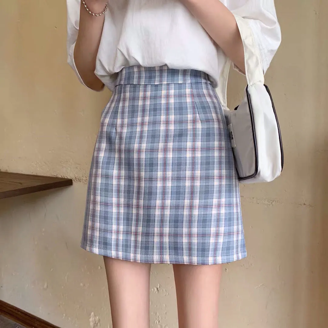 Chequered Skirt Women Summer High Waist Slim Look A-Line Hip Flattering bmPurple Skirt