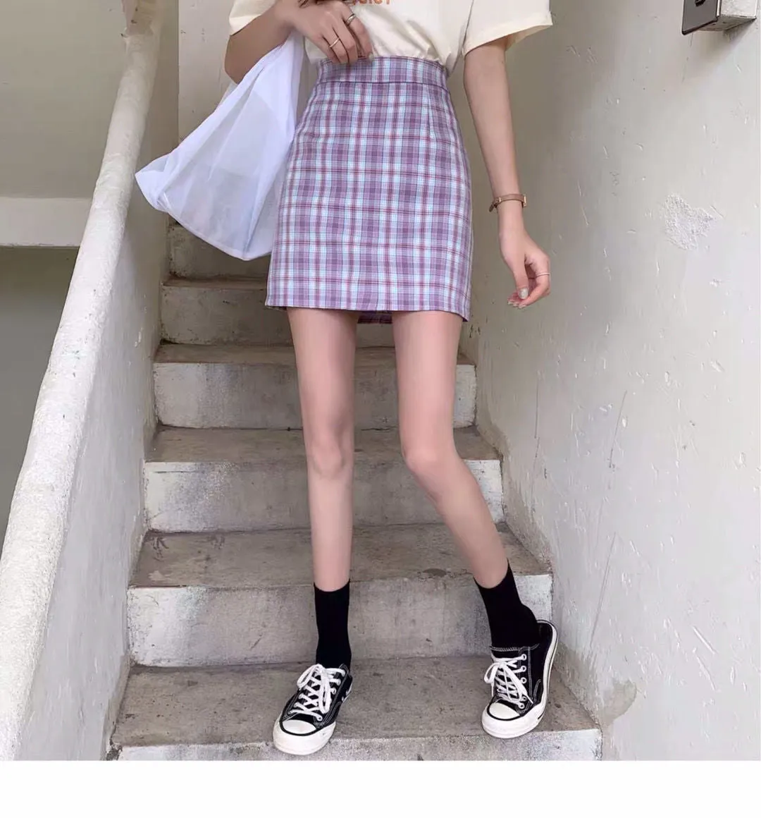 Chequered Skirt Women Summer High Waist Slim Look A-Line Hip Flattering bmPurple Skirt
