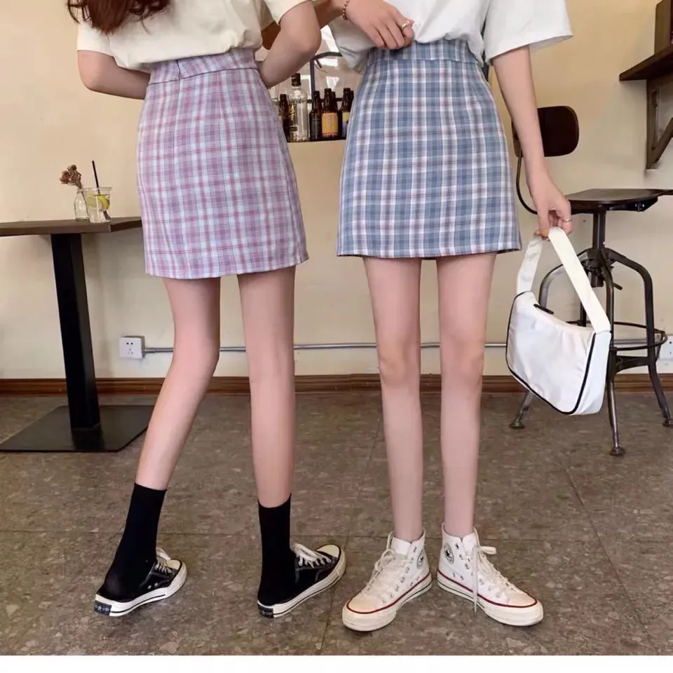 Chequered Skirt Women Summer High Waist Slim Look A-Line Hip Flattering bmPurple Skirt