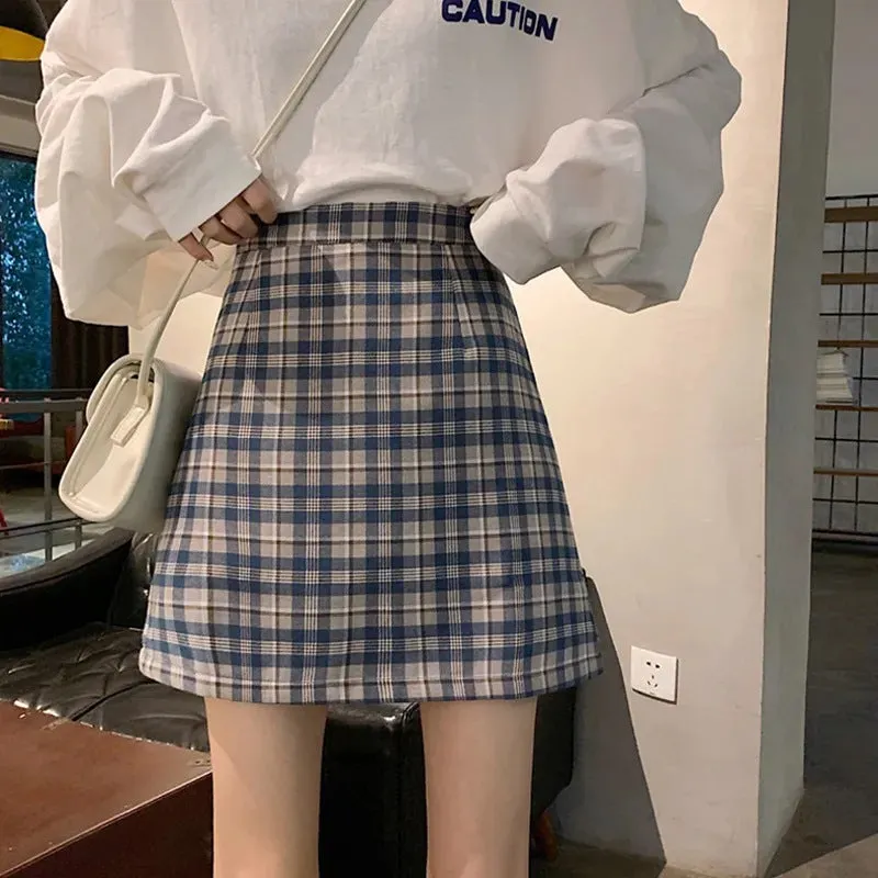 Chequered Skirt Women Summer High Waist Slim Look A-Line Hip Flattering bmPurple Skirt