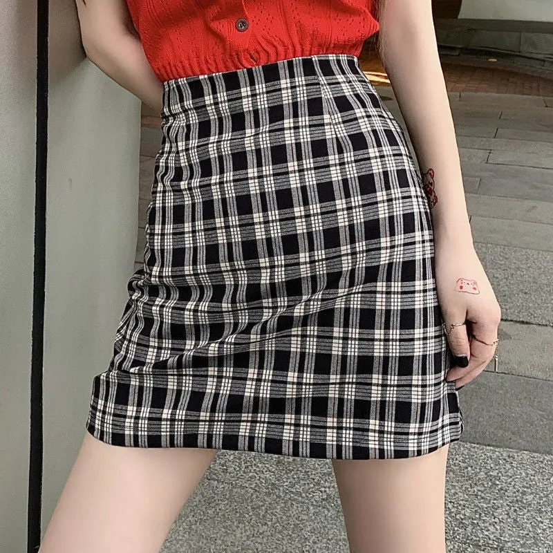 Chequered Skirt Women Summer High Waist Slim Look A-Line Hip Flattering bmPurple Skirt